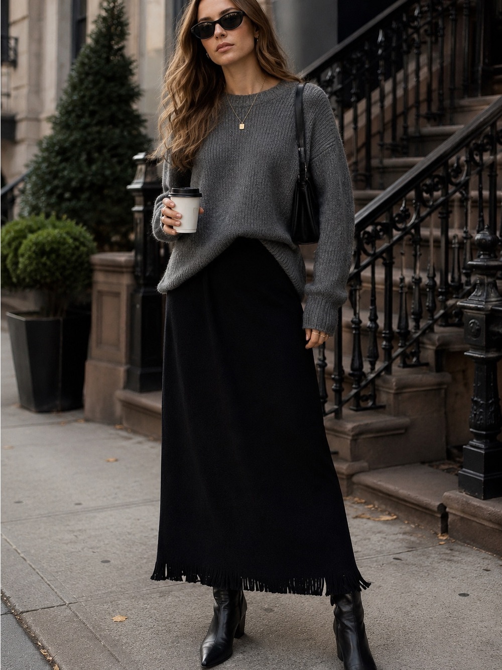 Women's Black Maxi Fringe Hem Skirt - Timeless Everyday Elegance